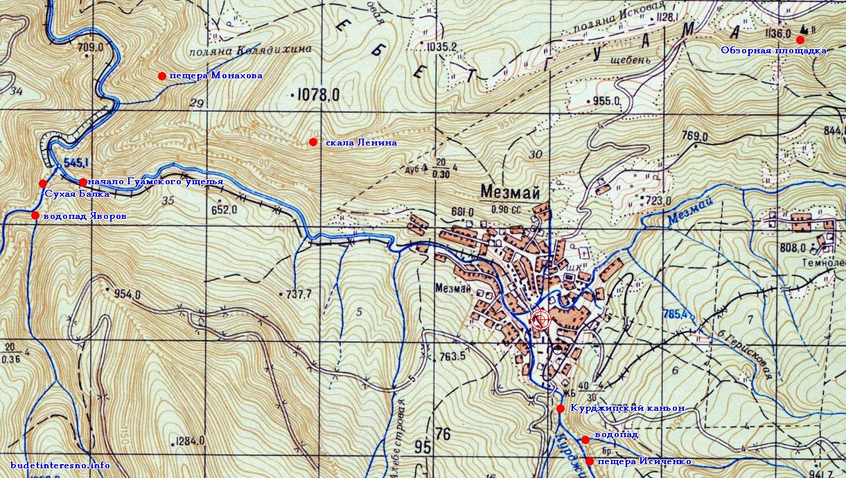 Карта поселка Мезмай с достопримечательностями